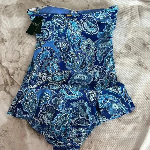Ralph Lauren BLUE Bandana Paisley Underwire Skirted One-Piece Swimsuit - Picture 6 of 10